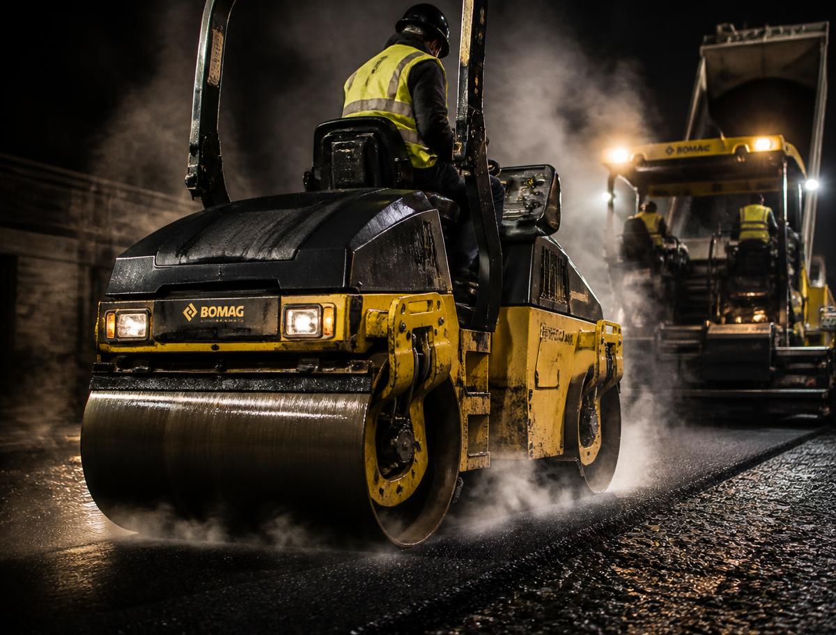Paving crew running a roller over hot asphalt at night